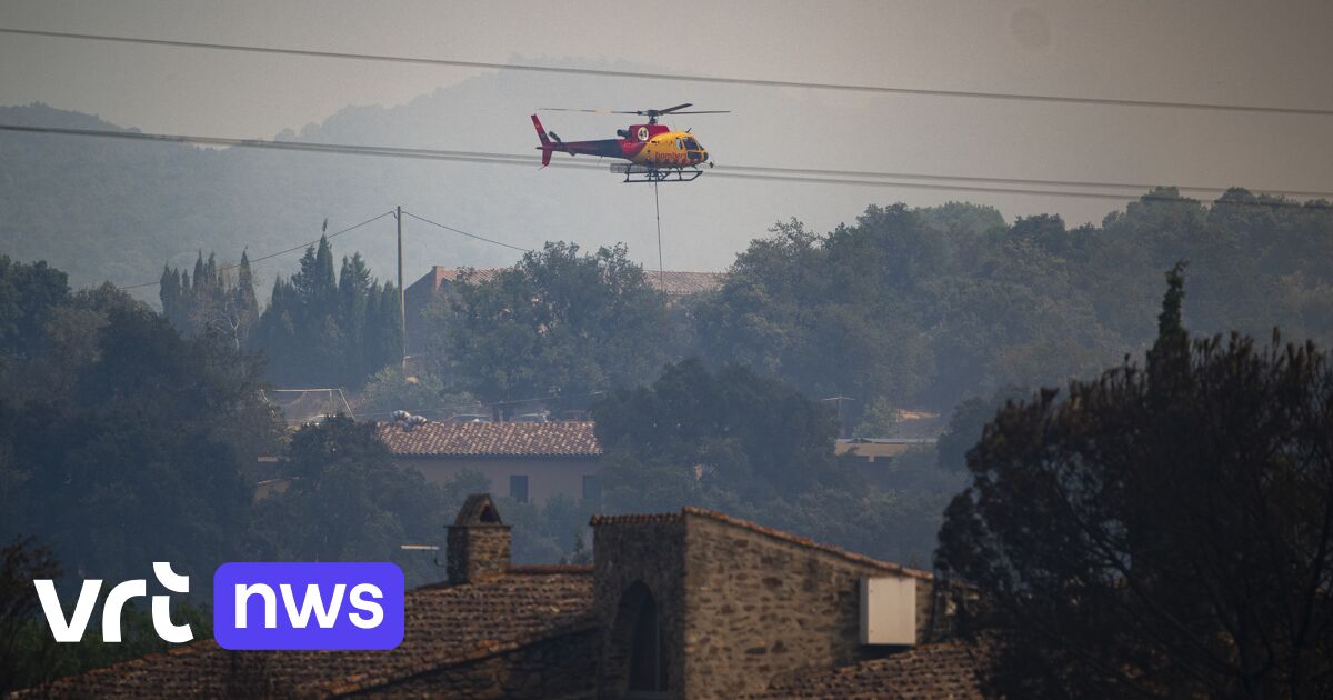 Firefighters working near smoke and burned forest in Catalonia's Les Gavarres area