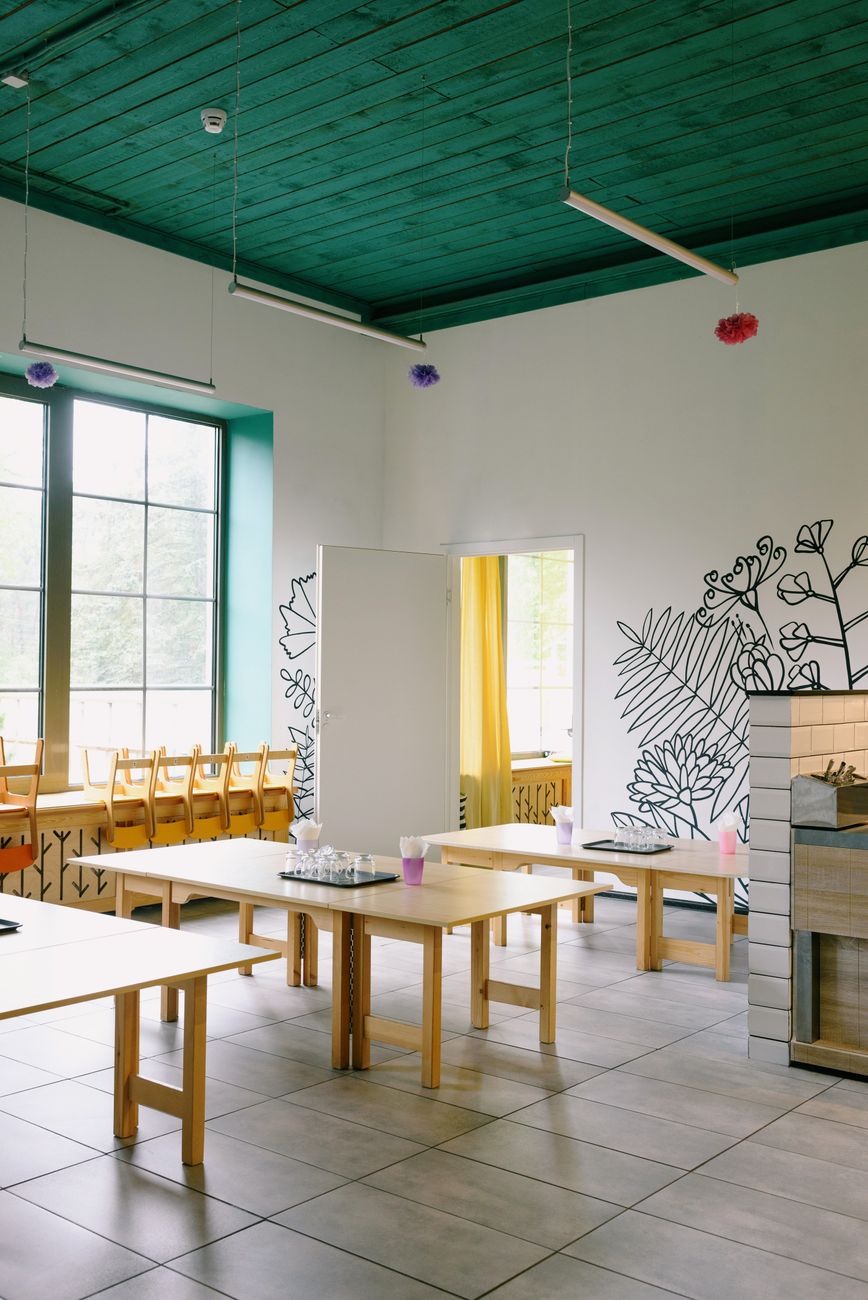 Image illustrating: A municipal nursery school canteen in Charleroi with small tables, lunch trays a (editorial)